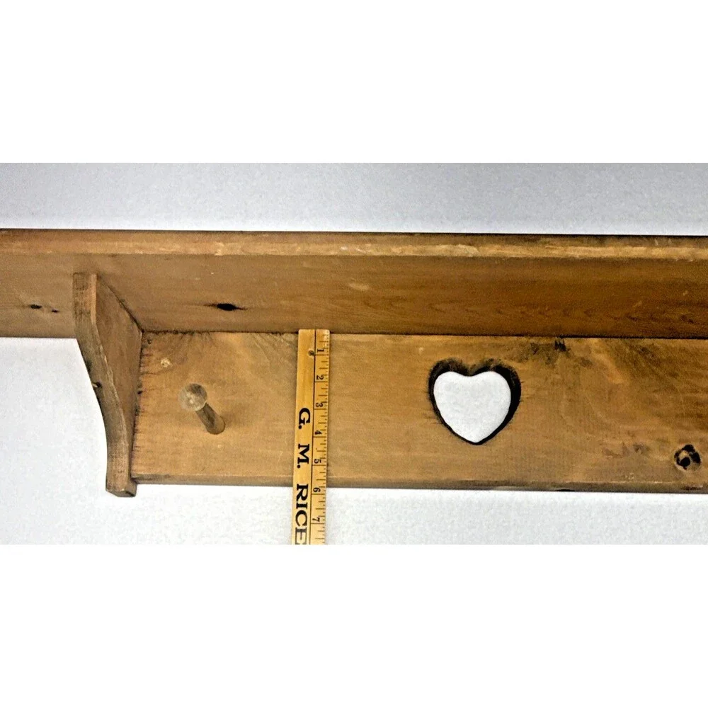 Wood Heart Wall Shelf Peg Rack Primitive Country Farmhouse Rustic 36